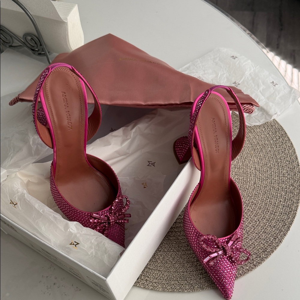 Amina Muaddi Fuchsia Crystal Slingback Pumps with Bow - Picture 9 of 14